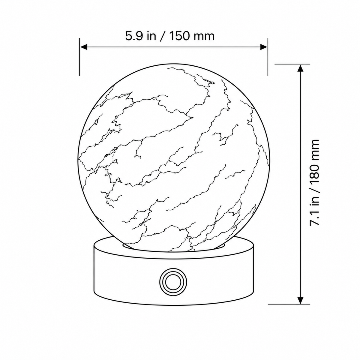 Small globe lamp line drawing: diameter 5.9 in (150 mm), overall height 7.1 in (180 mm)
