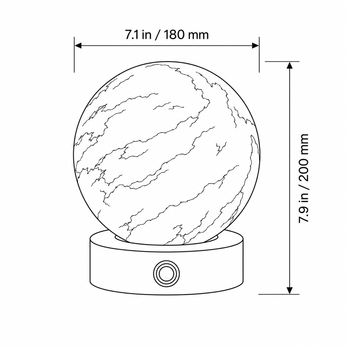 Large globe lamp line drawing: diameter 7.1 in (180 mm), overall height 7.9 in (200 mm)