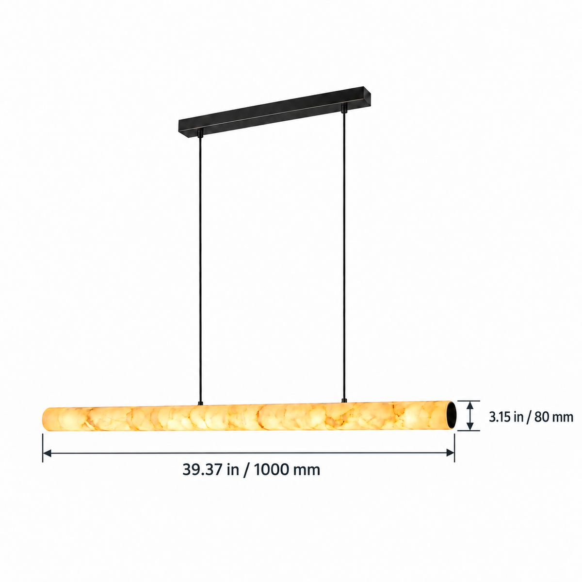 Aurelia alabaster pendant shade dimensions: 1000 mm length, 80 mm diameter, labeled in inches and millimeters
