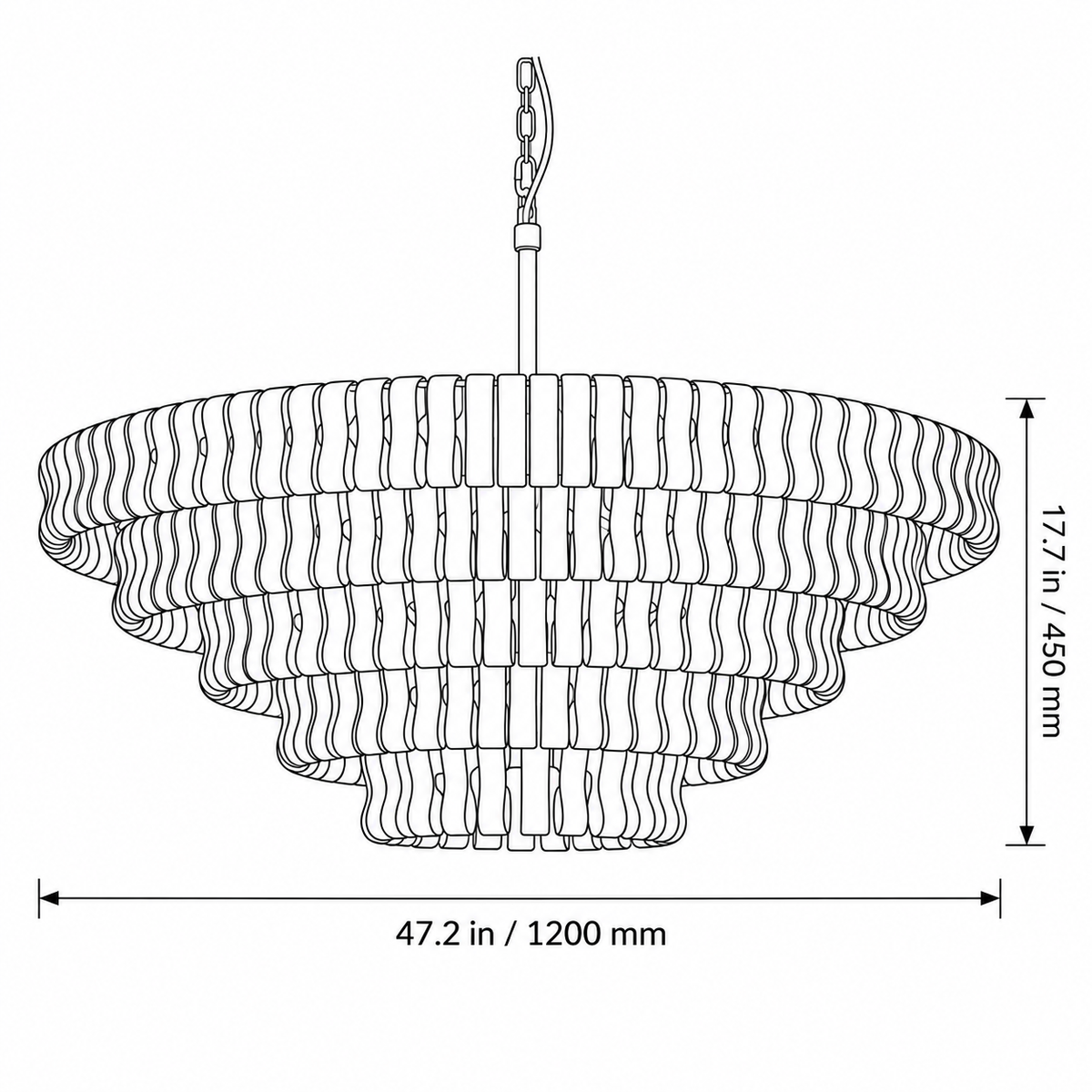 Cascata chandelier black line dimension drawing, 1200 mm diameter and 450 mm body height, excluding suspension