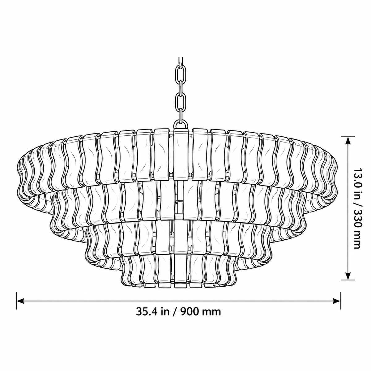 Cascata chandelier black line dimension drawing, 900 mm diameter and 330 mm body height, excluding suspension