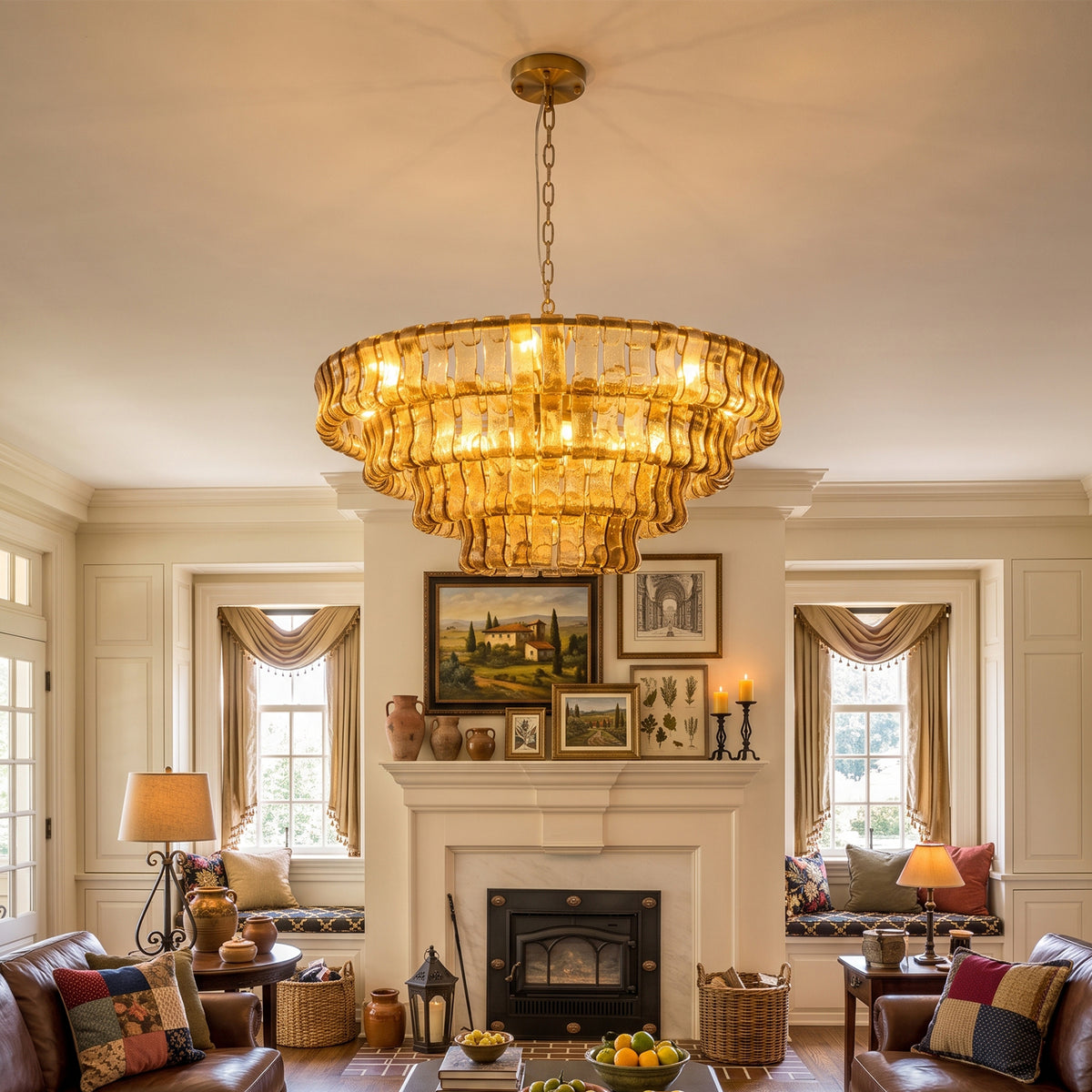 Brass finish glass chandelier styled in a classic living room