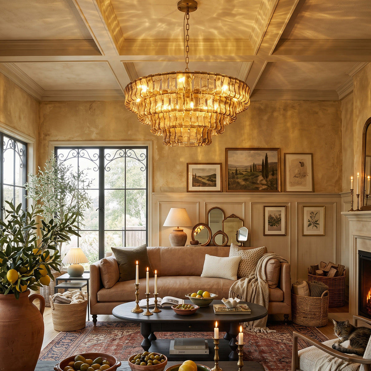 Tiered glass chandelier with a warm glow in a cozy living room