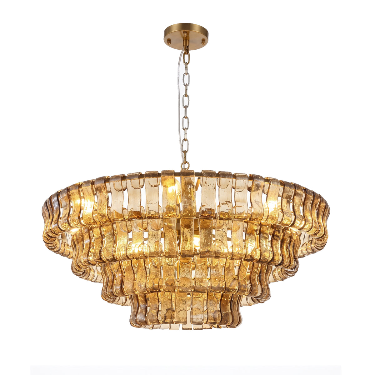 Tiered curved glass round chandelier with brass finish and smoke glass on white