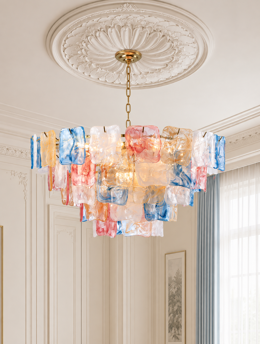 Celestine multicolor Murano-style glass chandelier in Gold, 12 lights