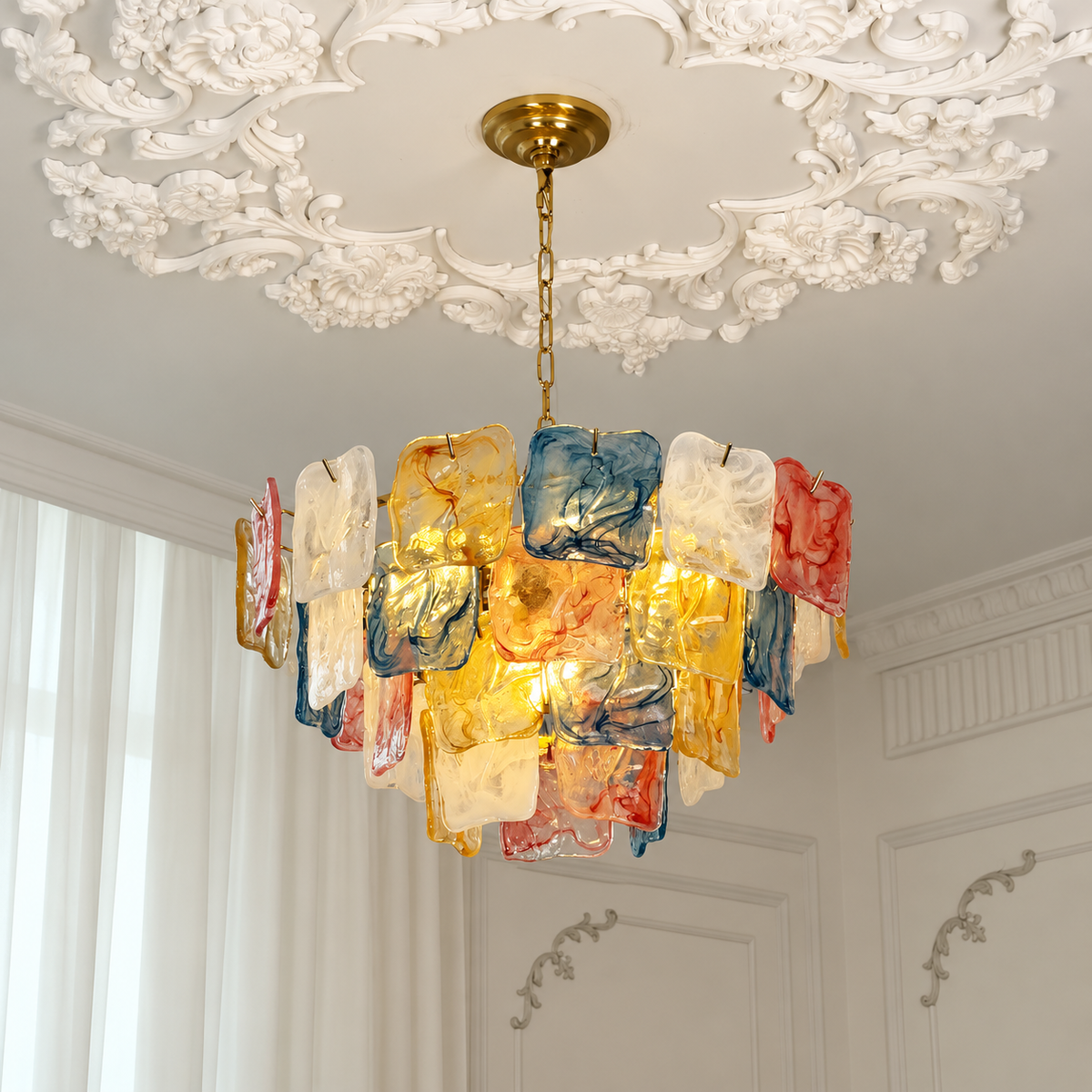 Celestine Gold glass chandelier lifestyle view in a classic interior