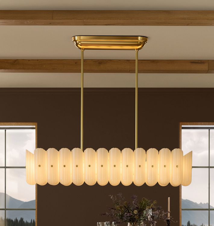 Fluted White Glass Linear Chandelier — lifestyle view 1 with fluted white glass and plated metal accents