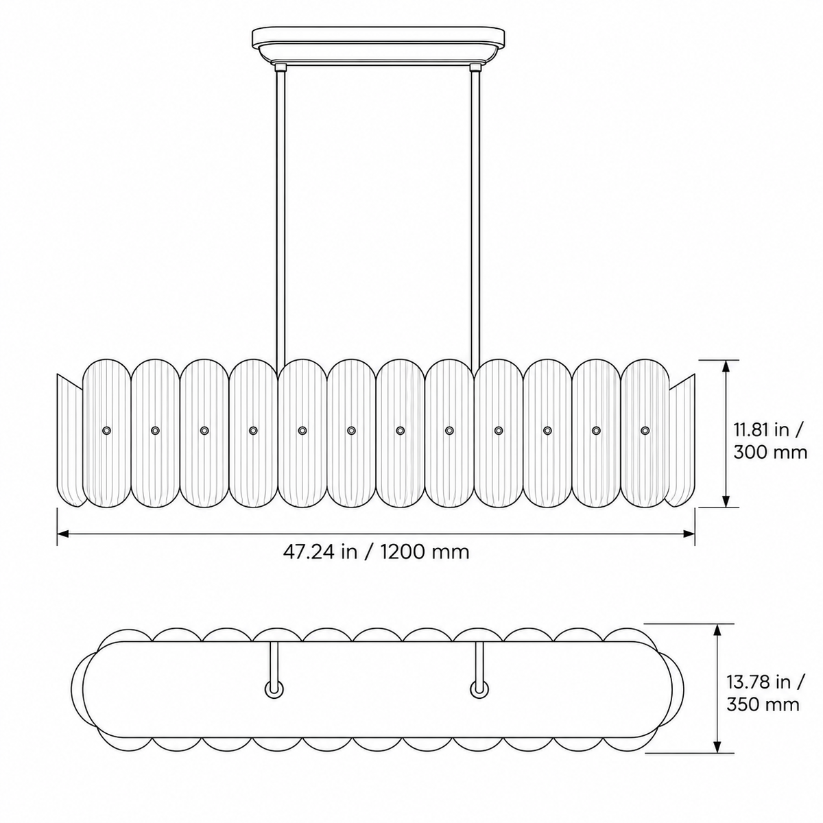 Dimensions of fluted white glass linear 1200 light in inches and millimeters