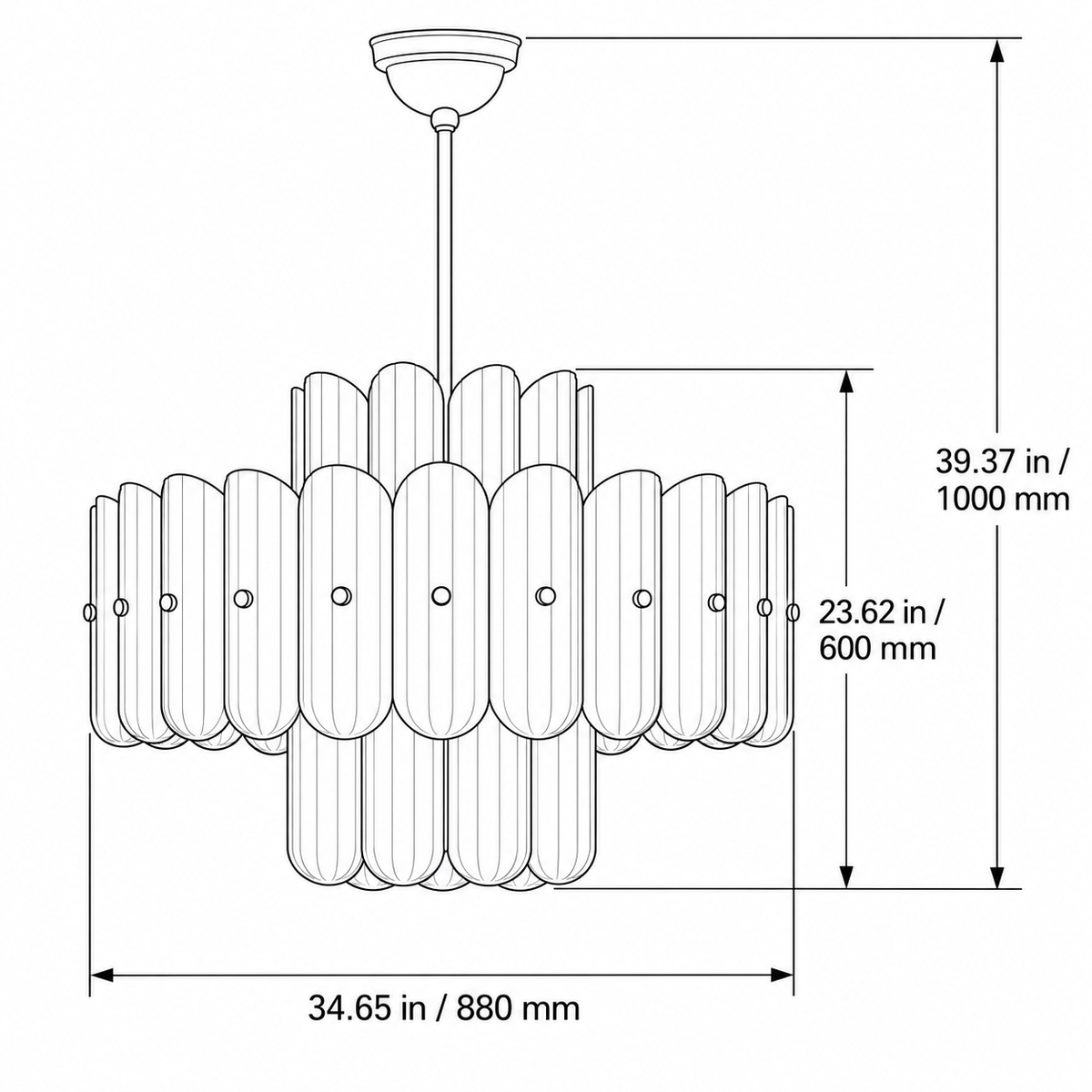 Dimensions of fluted white glass round 880 light in inches and millimeters