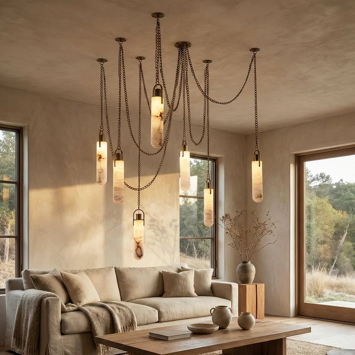 Alabaster Cylindrical Draped Chain Chandelier