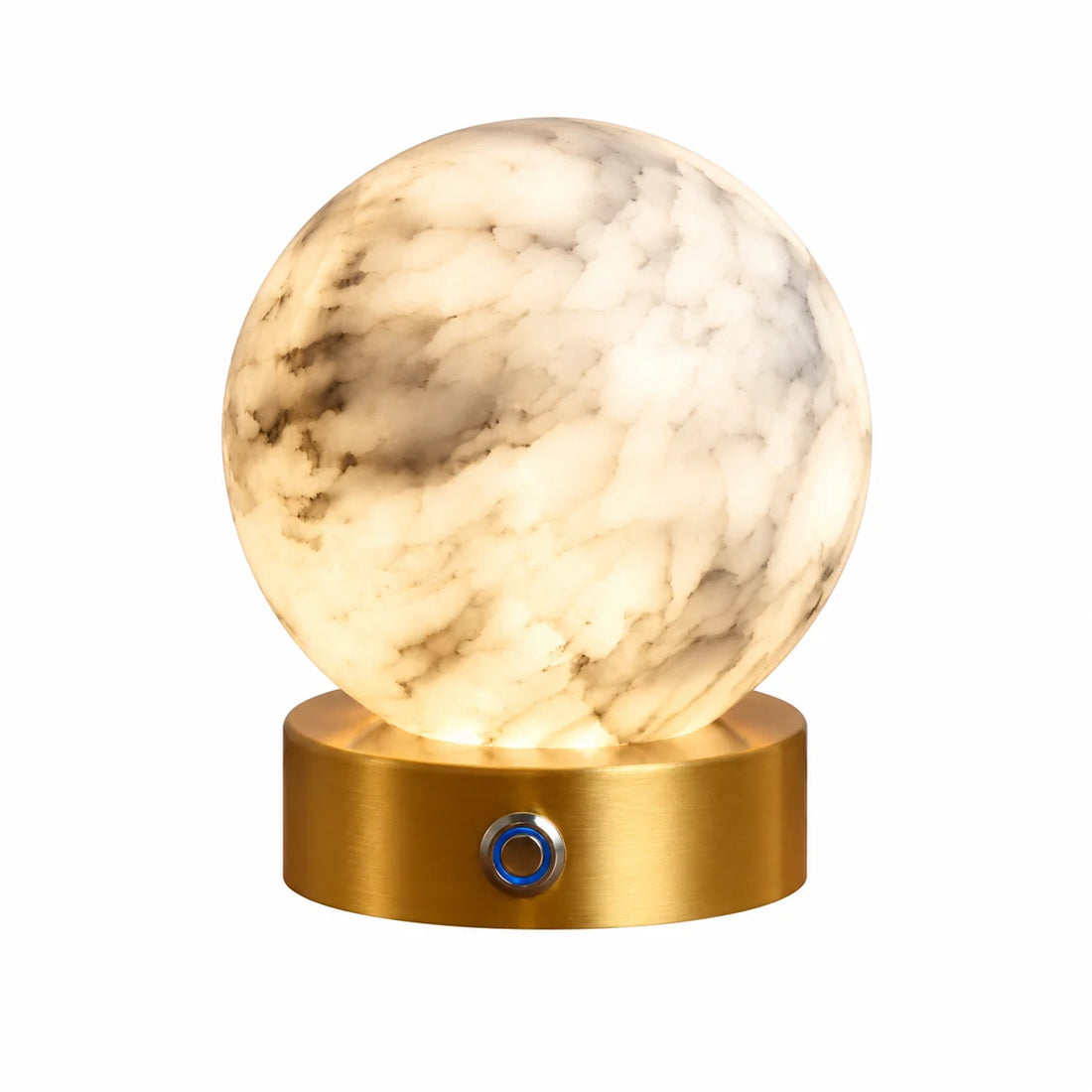 Alabaster globe rechargeable table lamp with gold-tone copper base on white