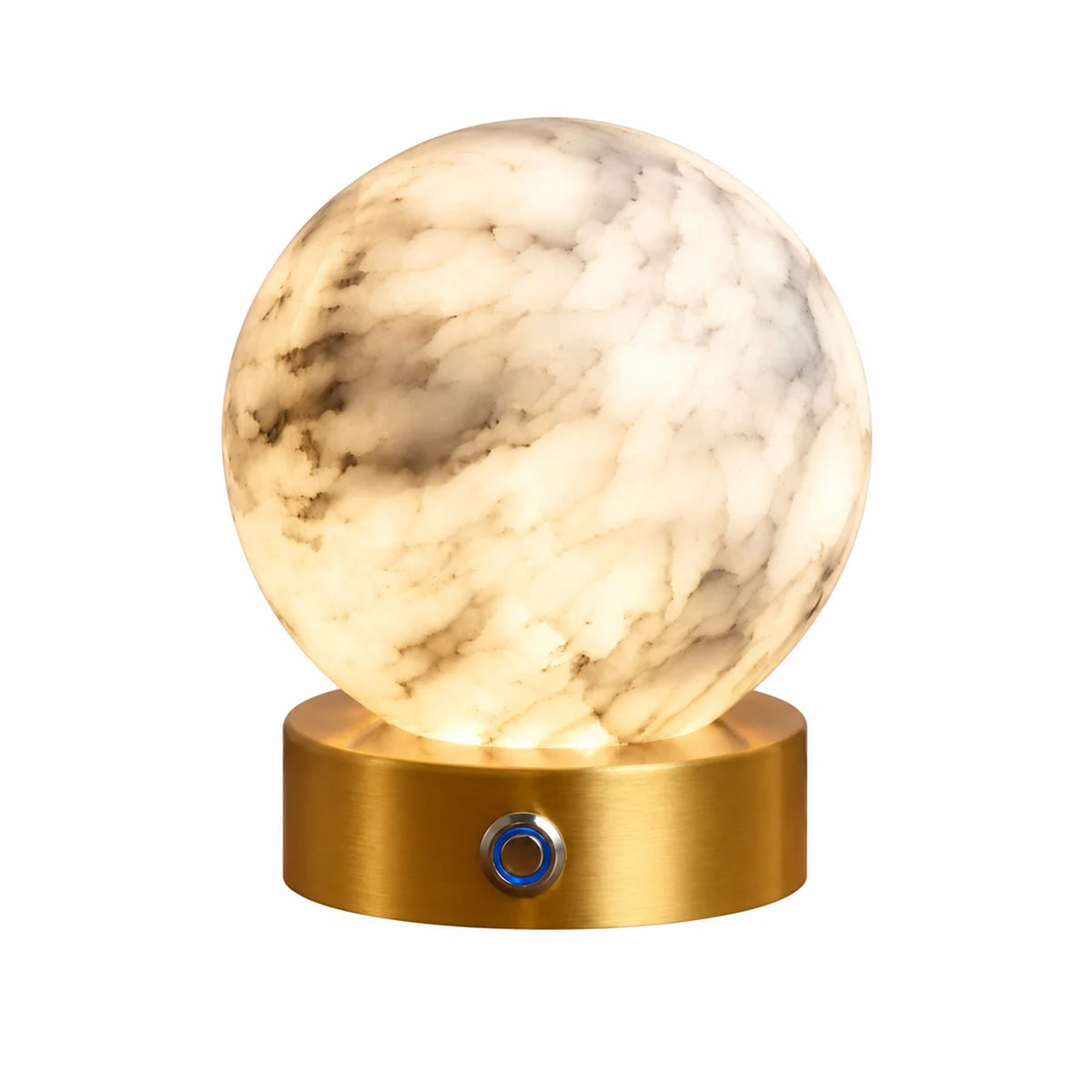 Alabaster globe rechargeable table lamp with gold-tone copper base on white