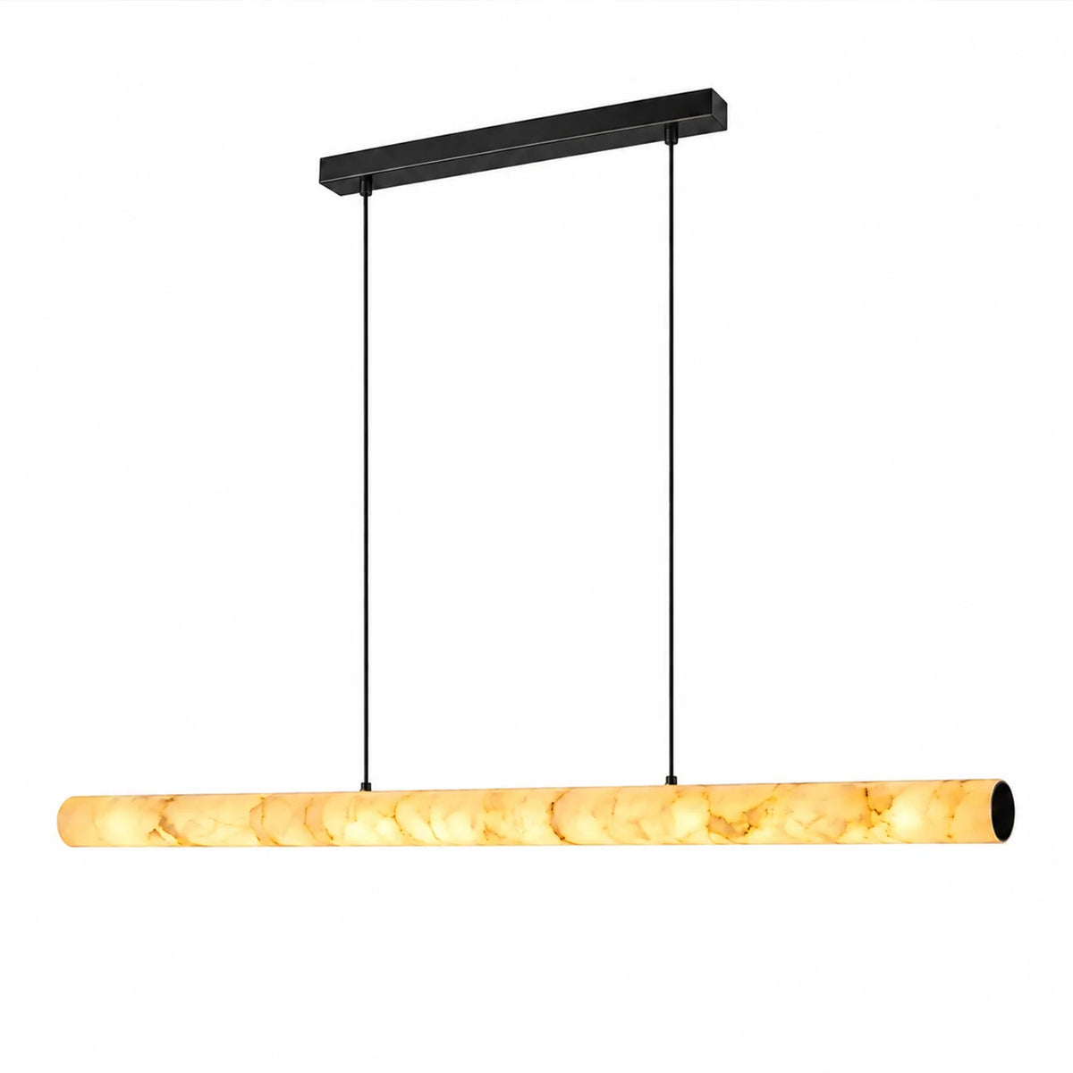 Linear pendant light with a glowing veined alabaster shade and black suspension, shown on a white background