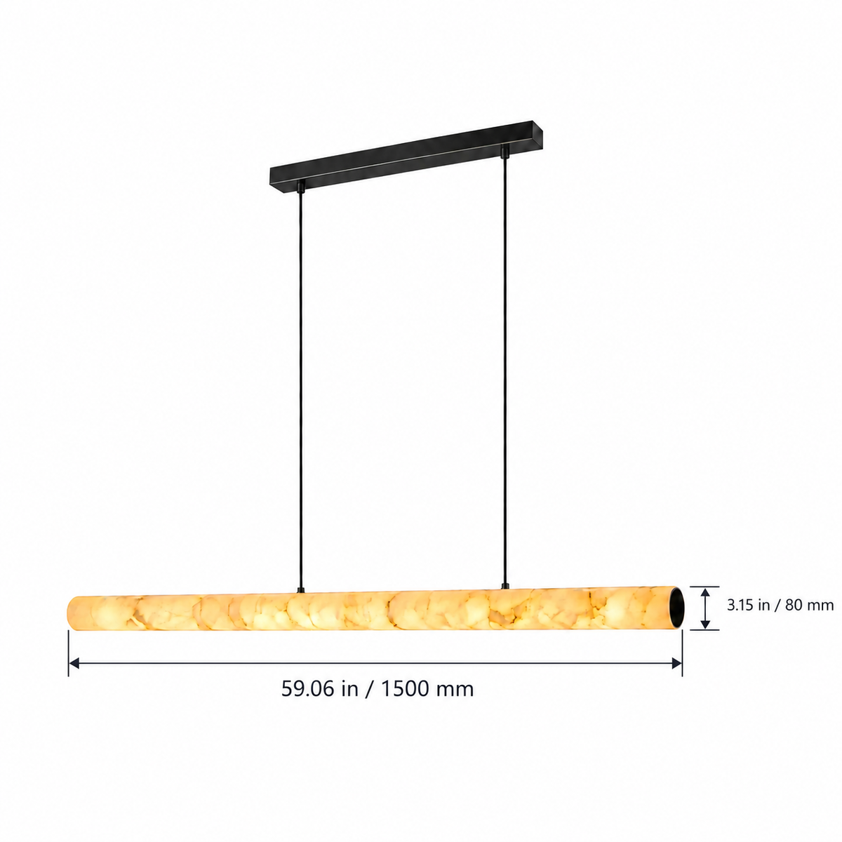 Aurelia alabaster pendant shade dimensions: 1500 mm length, 80 mm diameter, labeled in inches and millimeters