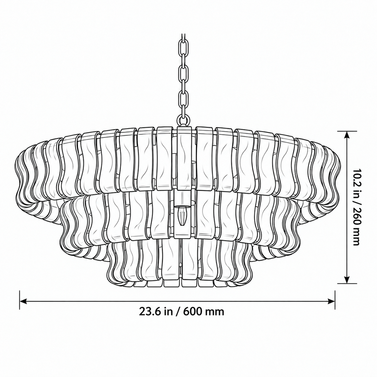 Cascata chandelier black line dimension drawing, 600 mm diameter and 260 mm body height, excluding suspension