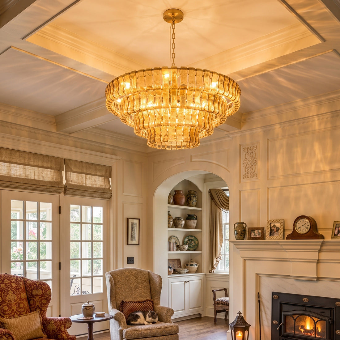 Illuminated tiered smoke glass chandelier in a traditional living room