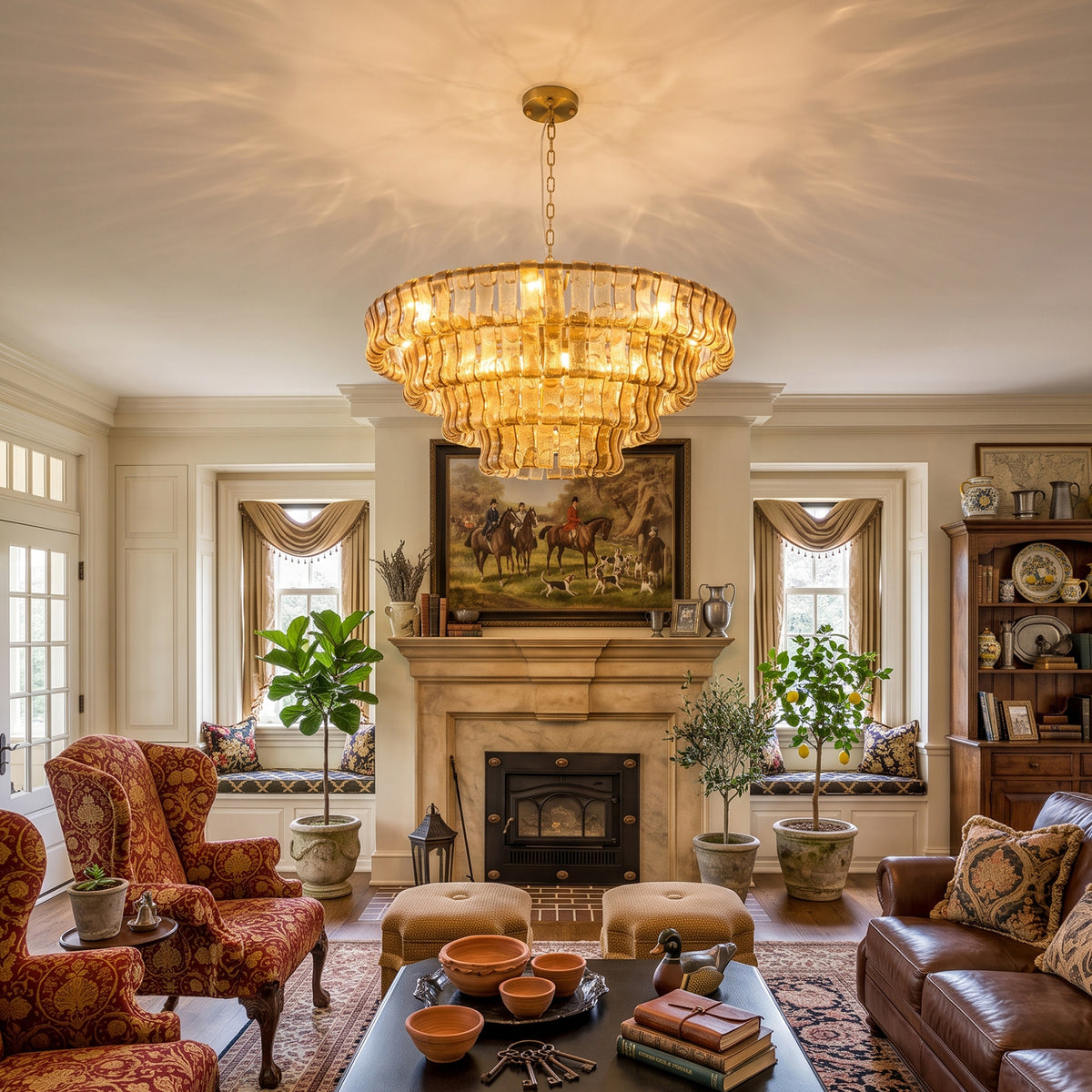 Round layered glass chandelier above a living room seating area