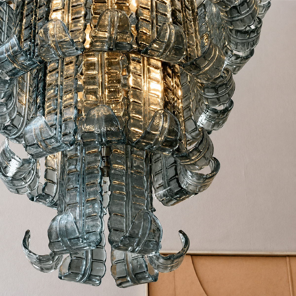 Celestine curled ribbed aqua-gray glass detail