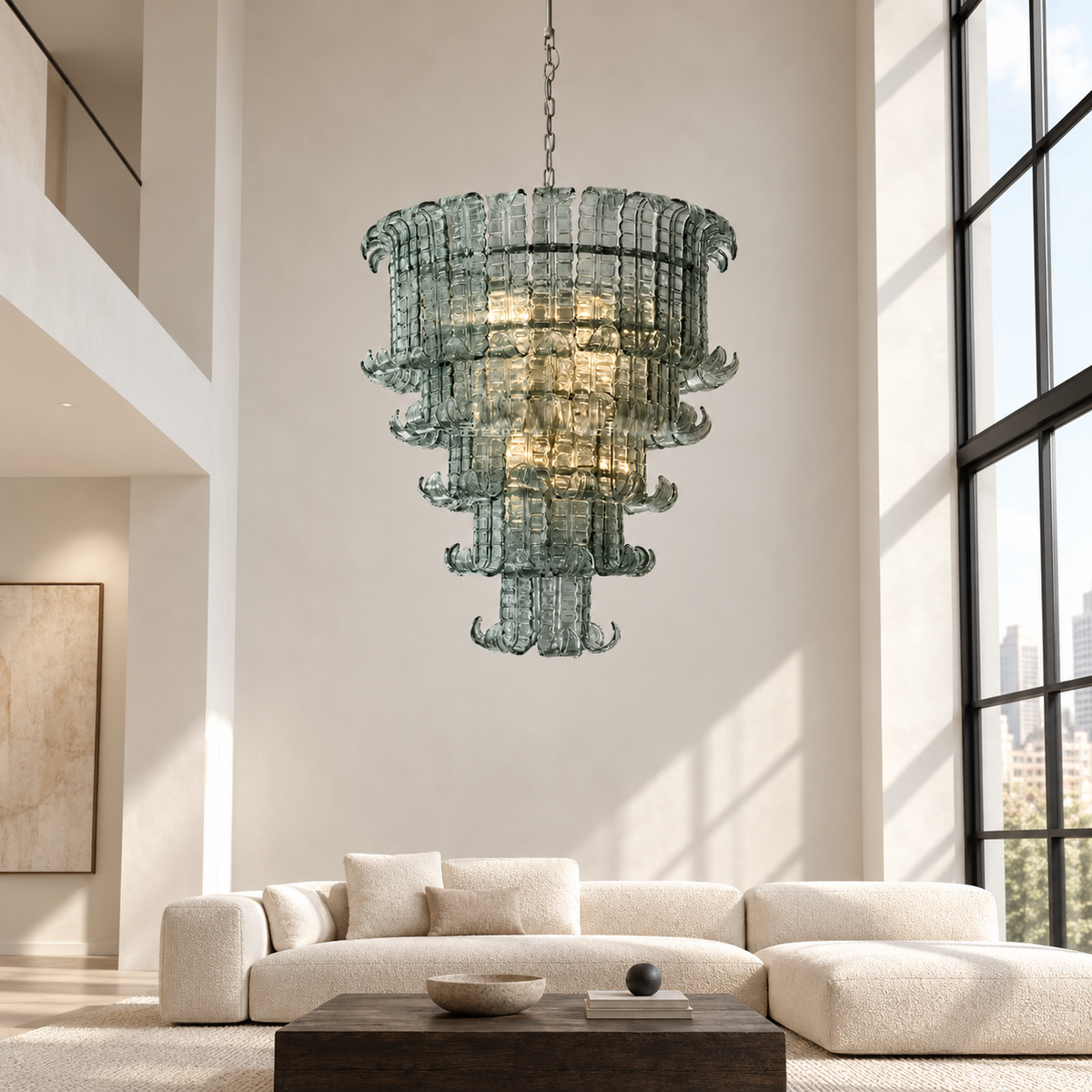 Celestine aqua-gray glass chandelier in a modern loft living room
