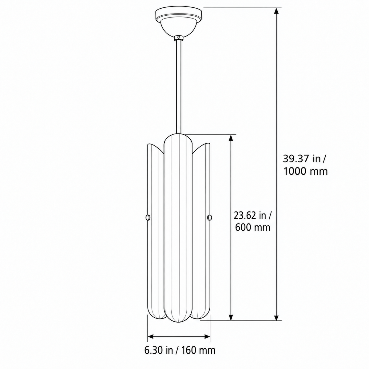 Dimensions of fluted white glass pendant 160 light in inches and millimeters