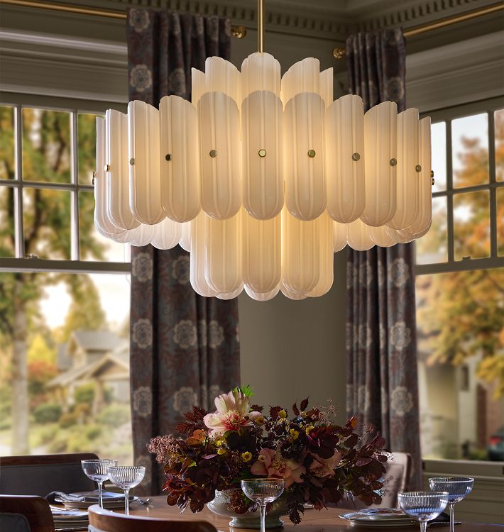 Fluted White Glass Round Chandelier — large size, lifestyle view 2 with fluted white glass and plated metal accents