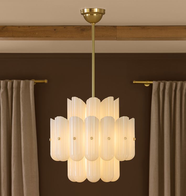 Fluted White Glass Round Chandelier — small size, lifestyle view 1 with fluted white glass and plated metal accents