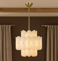 Fluted White Glass Round Chandelier — small size, lifestyle view 1 with fluted white glass and plated metal accents