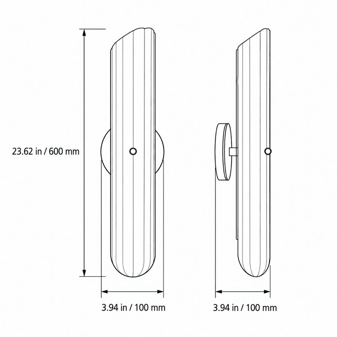 Dimensions of fluted white glass wall sconce, front and side views, 600 mm high by 100 mm wide and deep