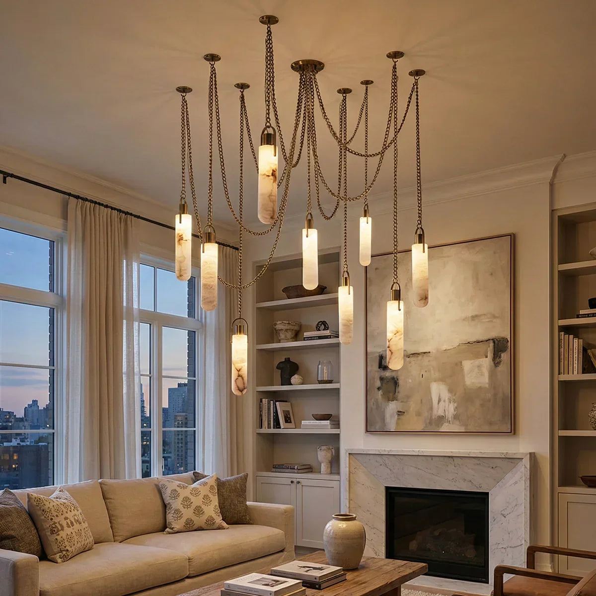 Alabaster Cylindrical Draped Chain Chandelier