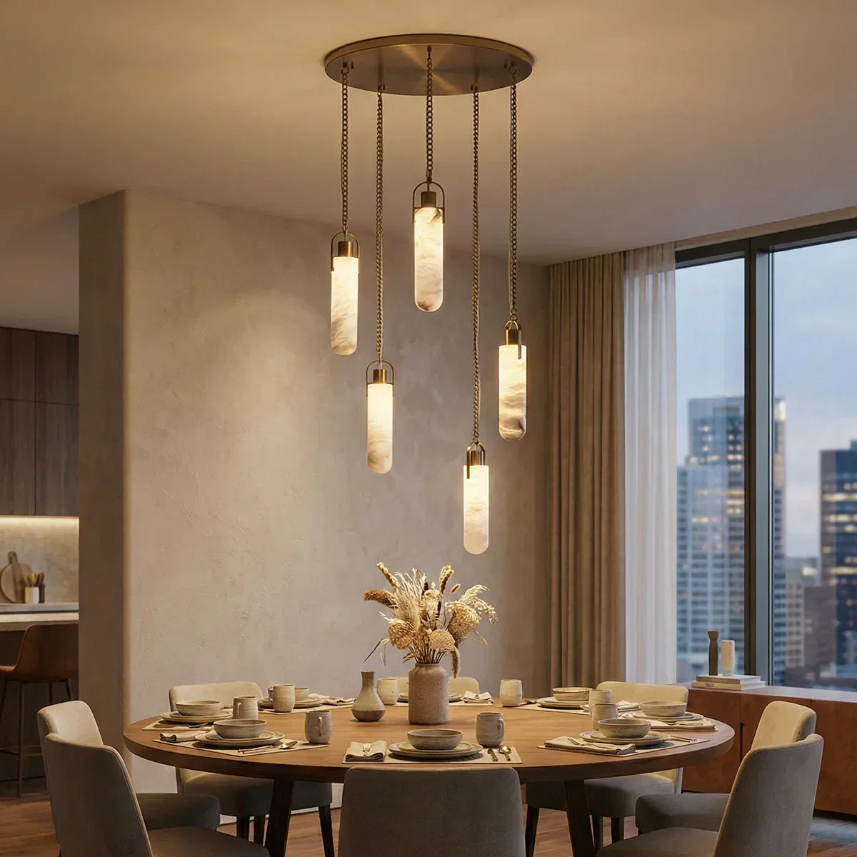 Alabaster Cylindrical Draped Chain Chandelier